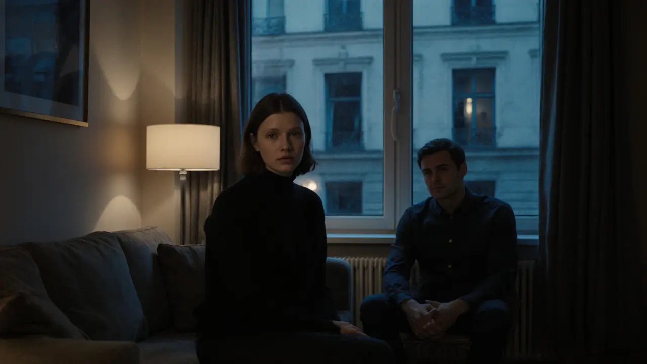 A man and woman sit apart on a sofa in a Berlin apartment, connected by silence and respectful space.