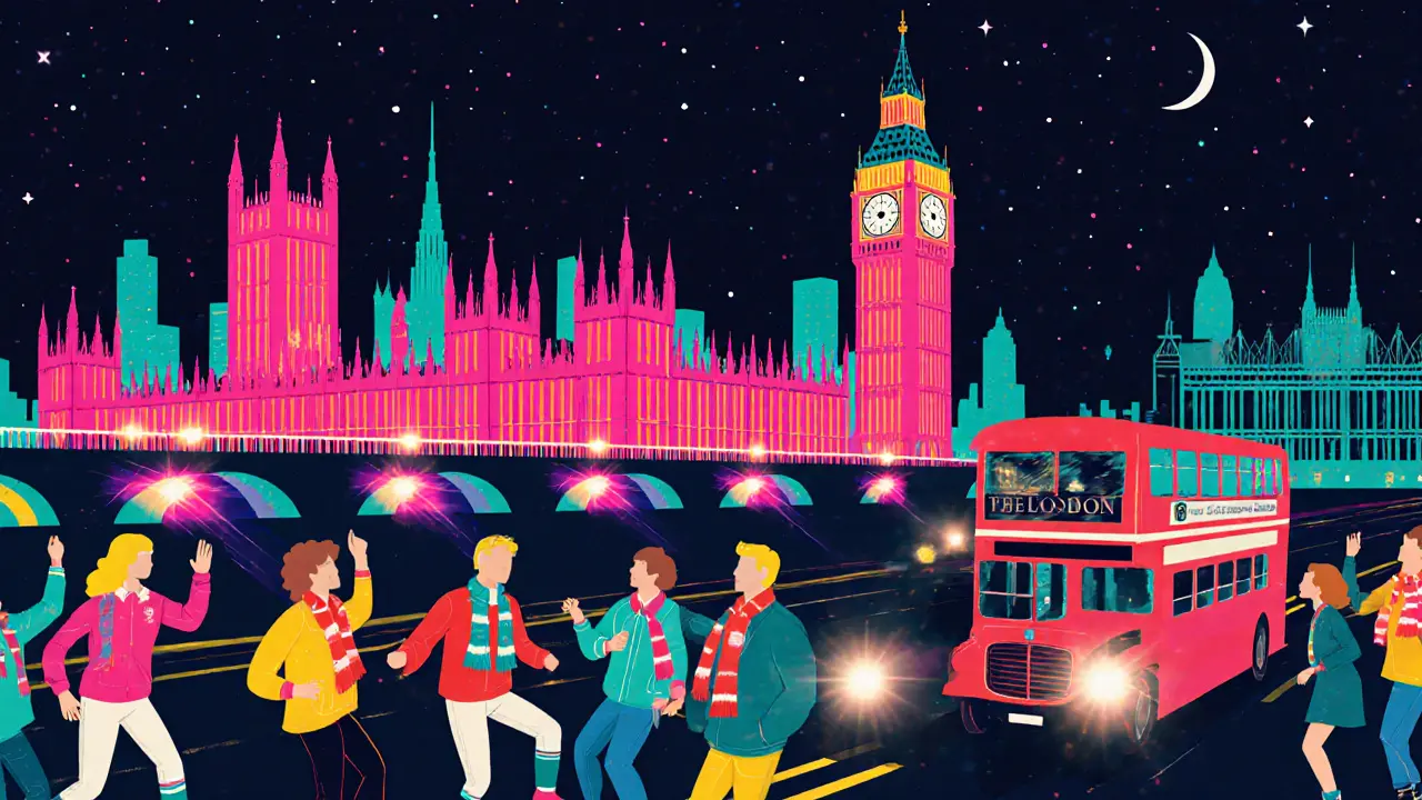 After‑match party scene with DJ, dancing fans and a night bus under the London skyline.