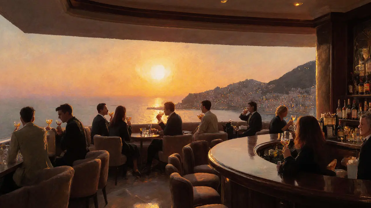 Capricorn rooftop bar at sunset with panoramic sea view and guests enjoying cocktails.