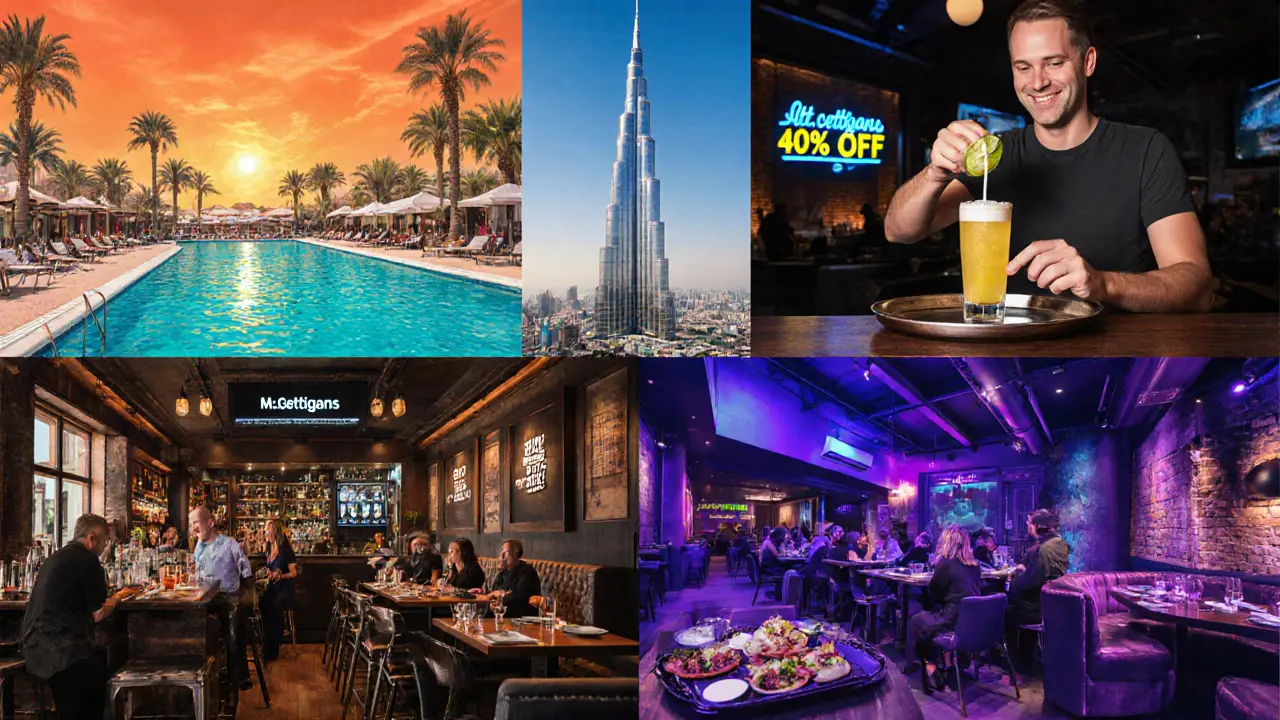Collage of five Dubai happy‑hour venues showing drinks and discount signs.