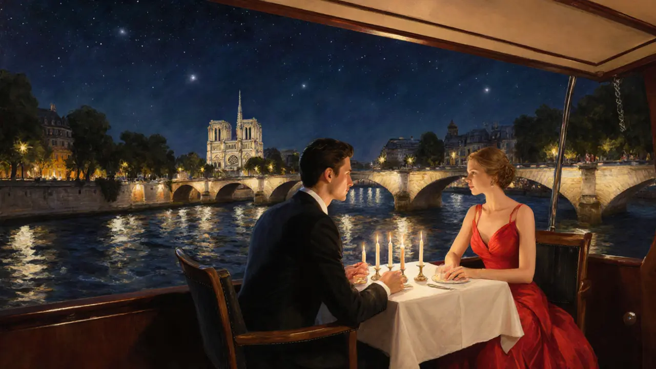 Couple dining on a candlelit boat on the Seine with Paris landmarks at night.