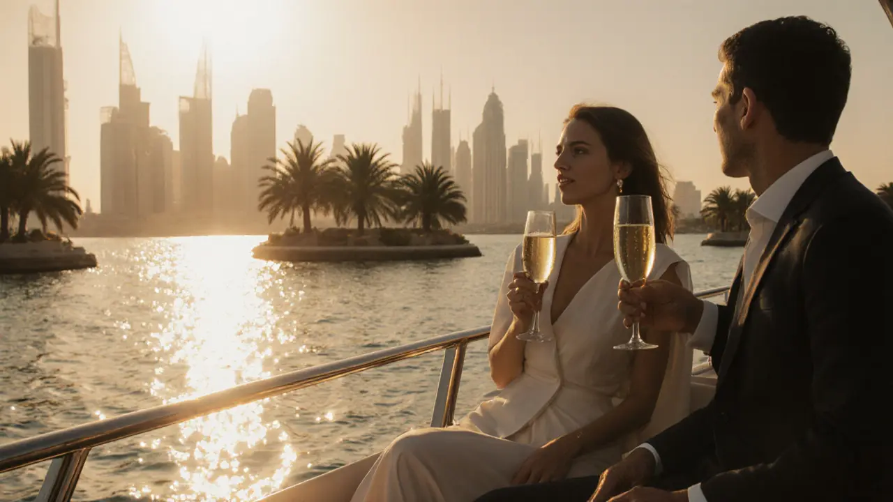Couple on a private yacht sipping champagne near Palm Jumeirah at sunset.