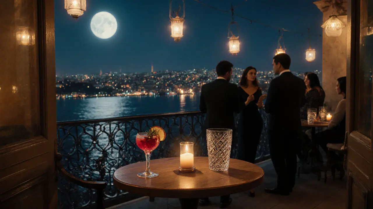 Cozy rooftop bar with a pomegranate cocktail and Bosphorus view under moonlight.