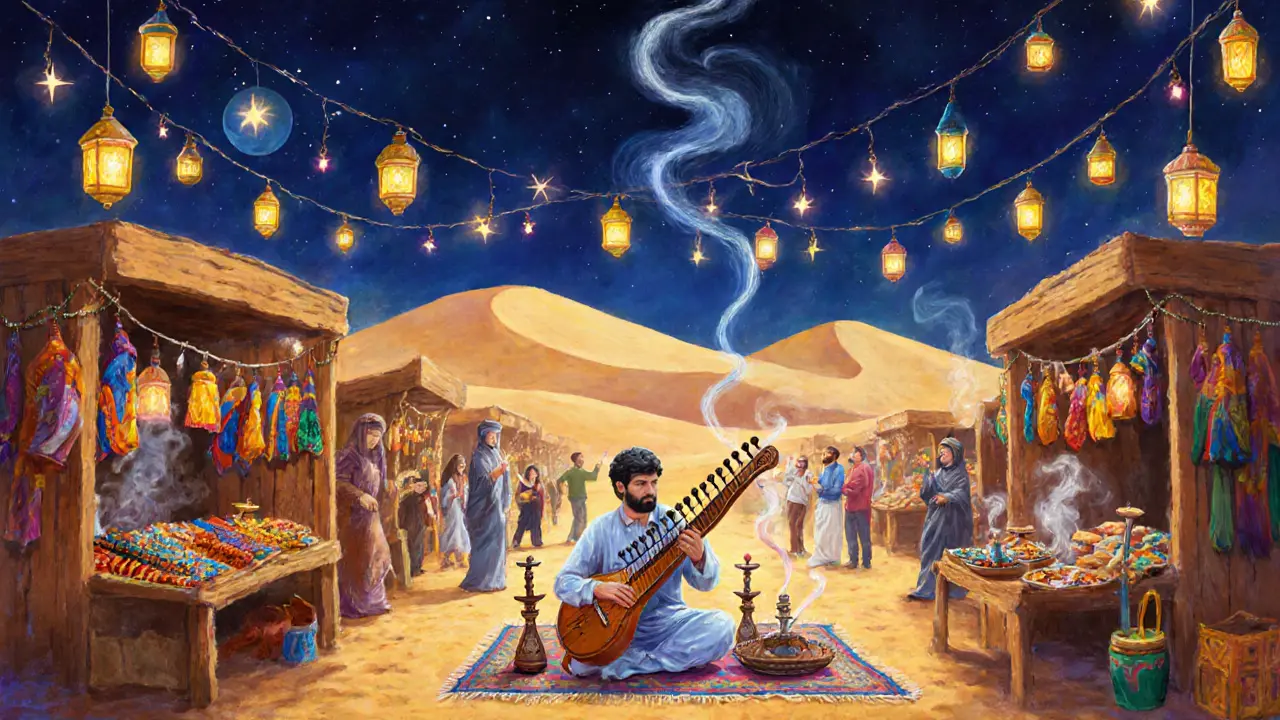 Desert night market with lanterns, food stalls, and oud musician under stars.