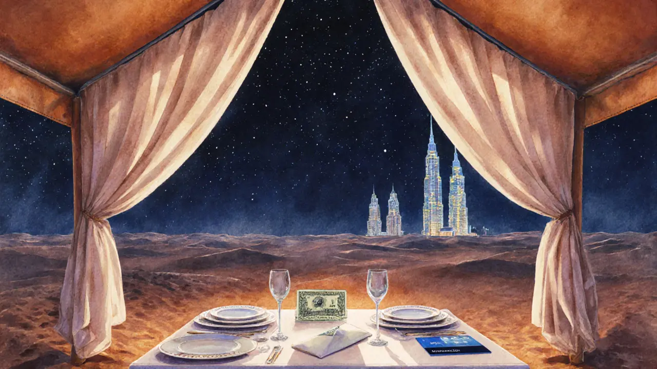 Desert safari dinner under stars with a private tent, cash envelope, and distant towers.