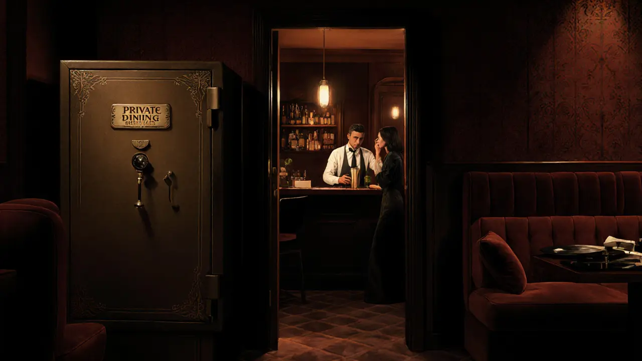 Dim hidden speakeasy interior with secret doorway and bartender mixing drinks.