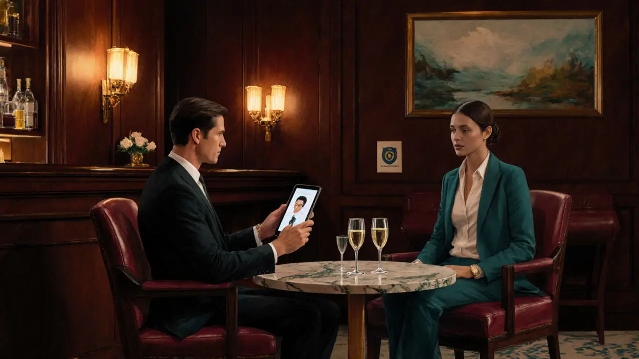 Elegant hotel lounge scene showing escort and client confirming identity via tablet.