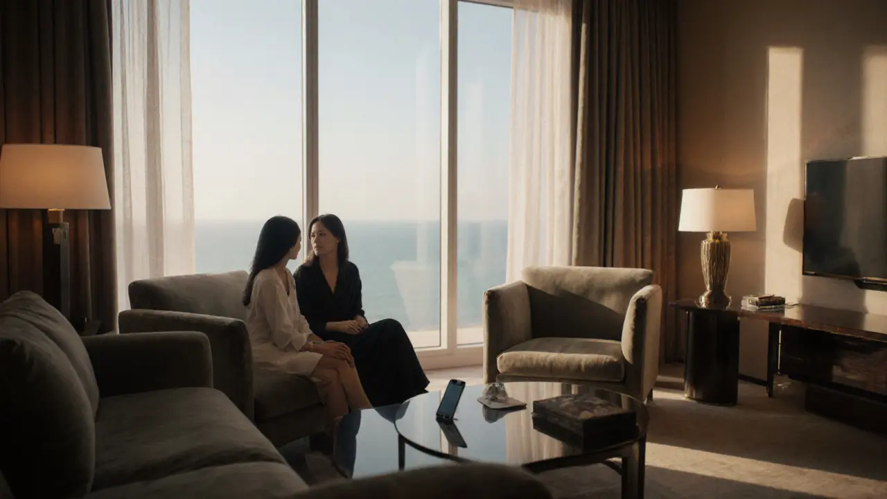 Elegant hotel suite interior with two people conversing privately.