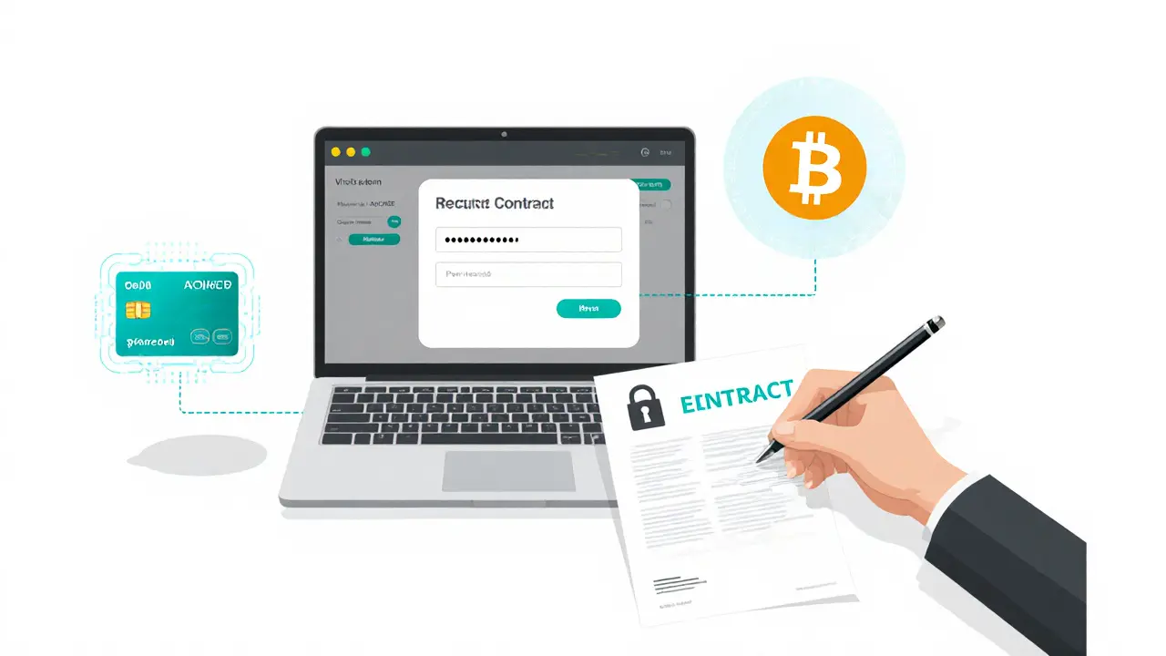 Flat‑design desk showing laptop, virtual prepaid card, Bitcoin symbol, and signed contract.