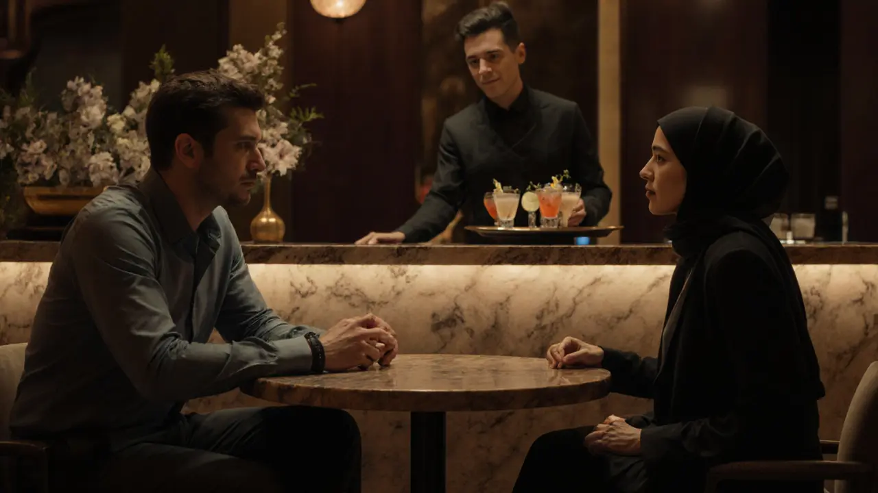 Hotel lounge scene with a well‑dressed man and modestly dressed escort at a table.