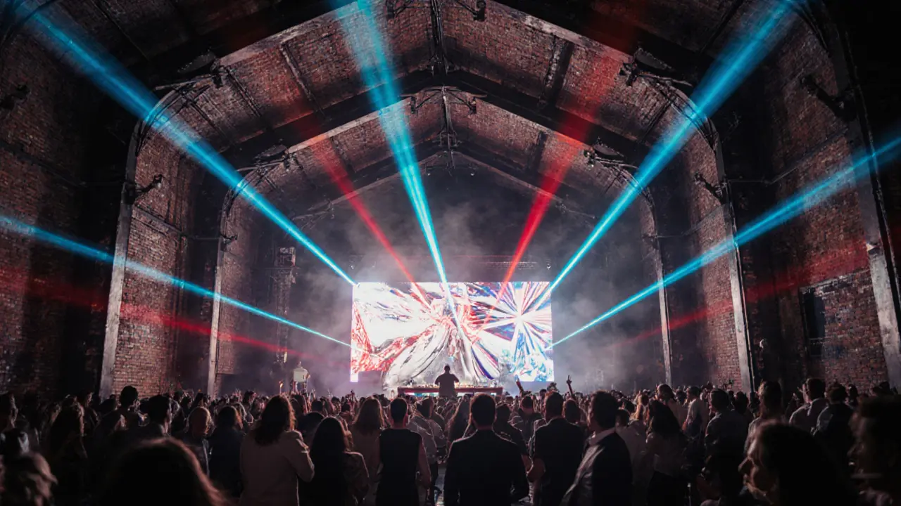 Inside Alcatraz nightclub, crowded dance floor under colorful laser lights.