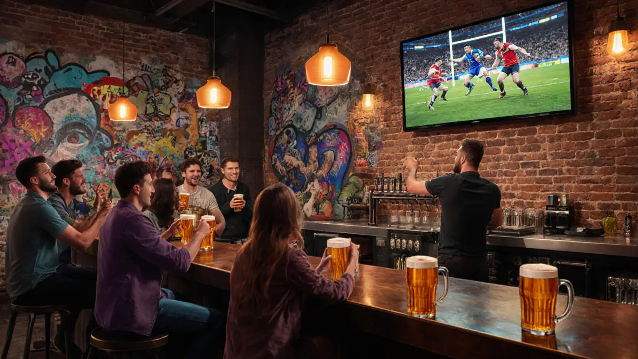 Interior of BrewDog Shoreditch with fans watching a rugby match and enjoying craft beer.