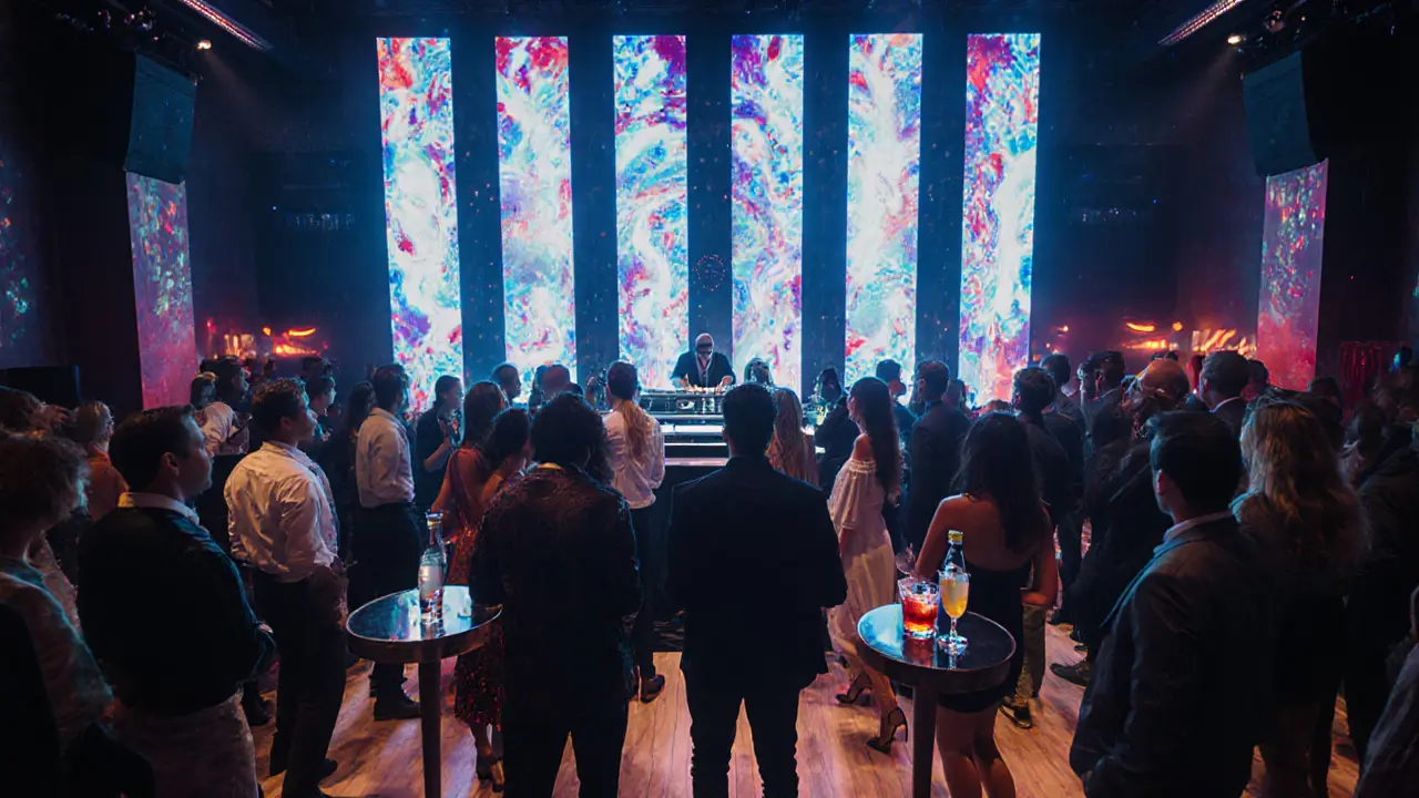 Jimmy&#039;z club interior with stylish crowd, dynamic LED lighting, and premium cocktail tables.