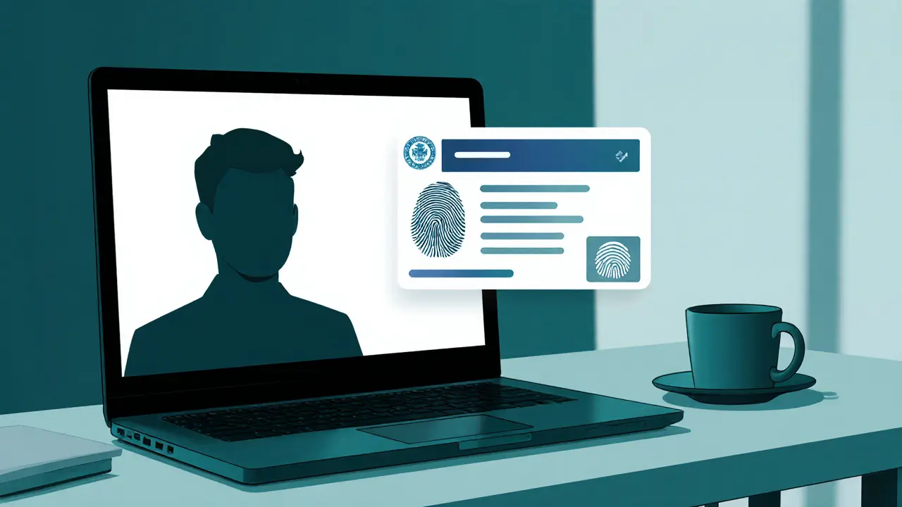 Laptop screen showing a video call with a blurred profile and ID verification.