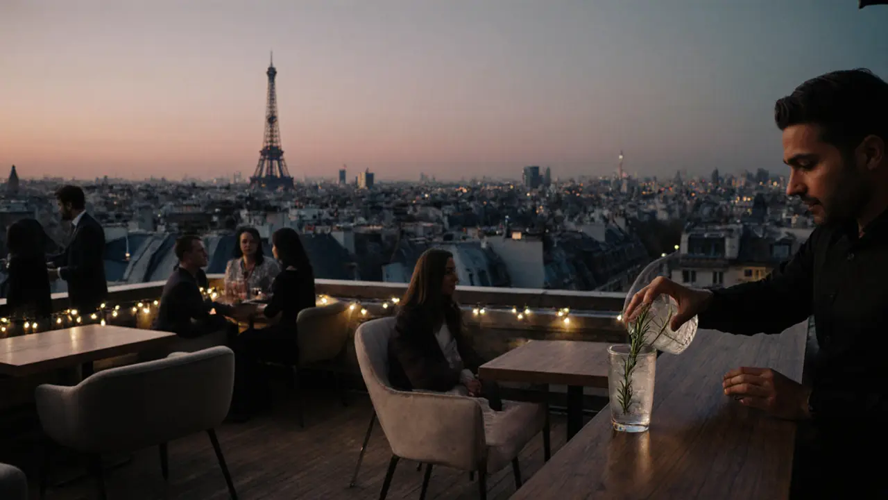 Le Perchoir rooftop bar at twilight with a rosemary gin tonic and city skyline.