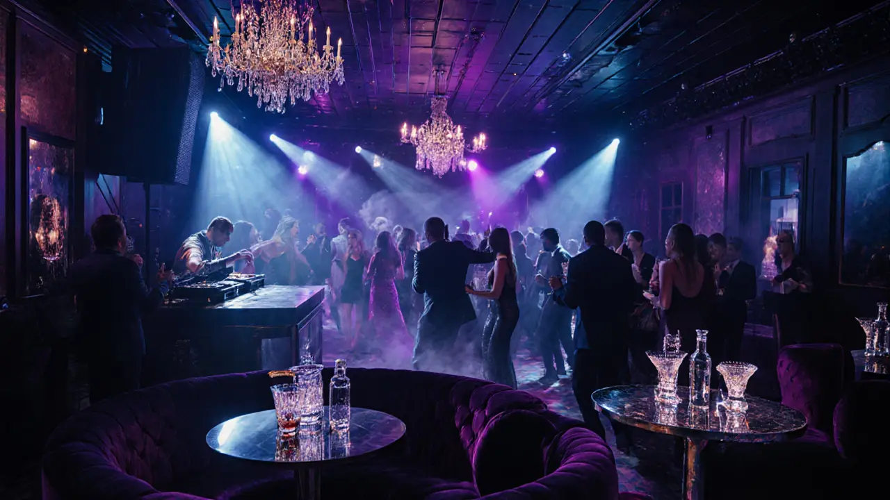 Luxurious nightclub interior at Jimmy’s with DJ, dancing crowd, VIP tables.