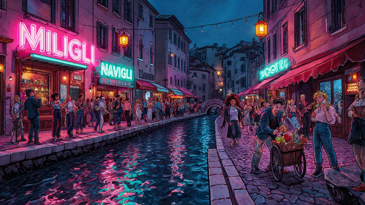 Nighttime Navigli canal with neon-lit bars, crowds, and live music.