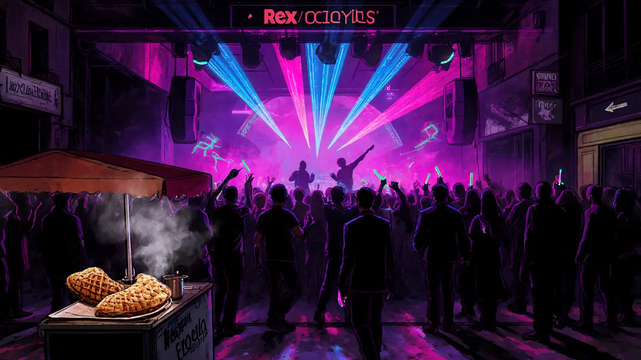 Rex Club interior with neon lights, dancing crowd, and a crêpe vendor nearby.