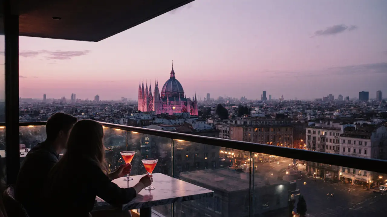 Rooftop bar at sunrise in Porta Romana overlooking the Duomo.