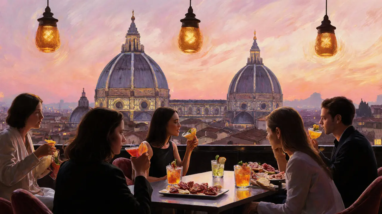 Rooftop bar with sunset view of the Duomo and people enjoying cocktails.