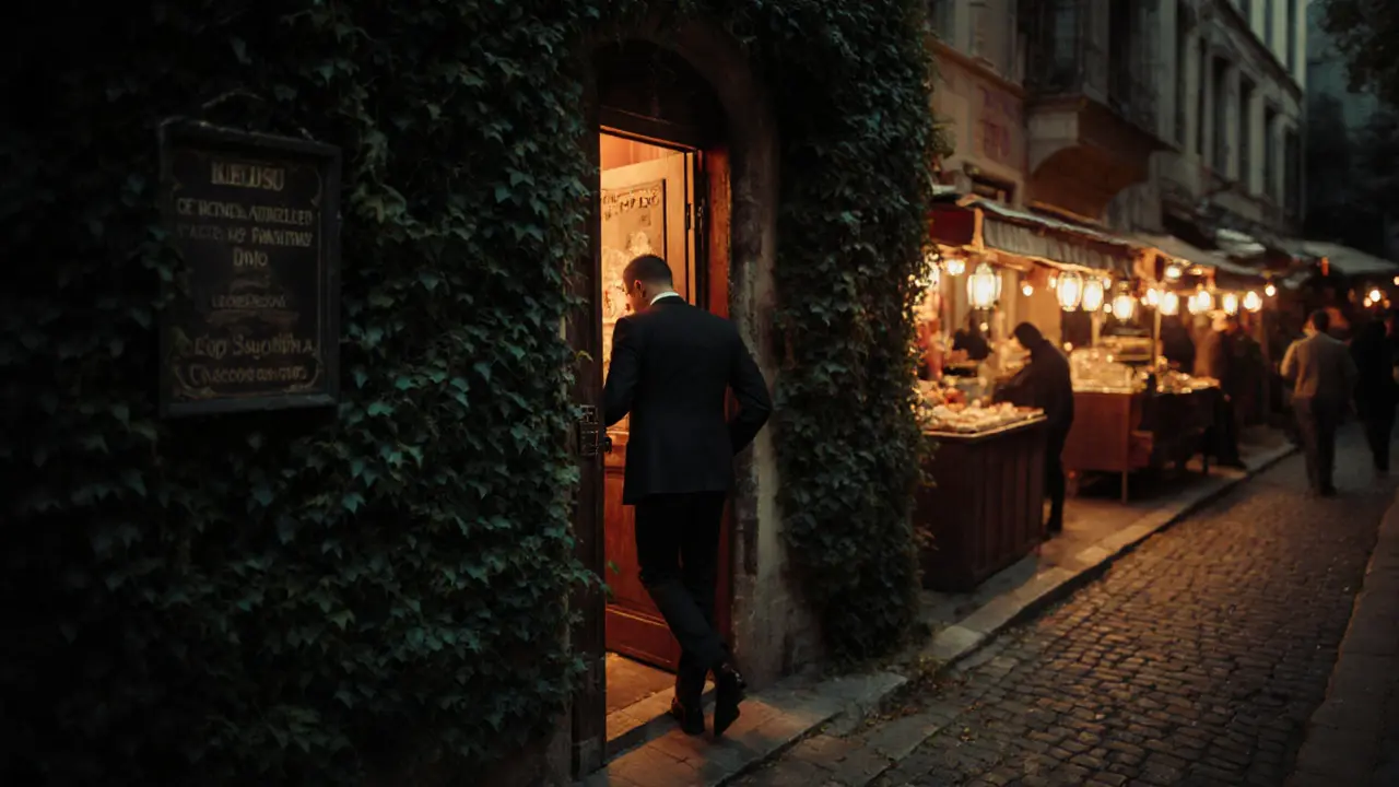 Secret speakeasy entrance hidden behind ivy, warm light spilling onto a street food alley.