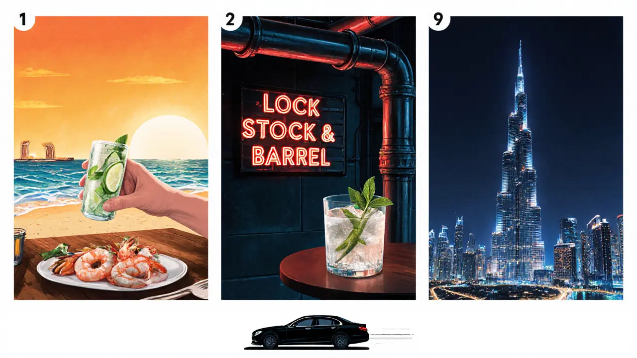 Storyboard of a night itinerary: beach bar, industrial lounge, and skyscraper bar.