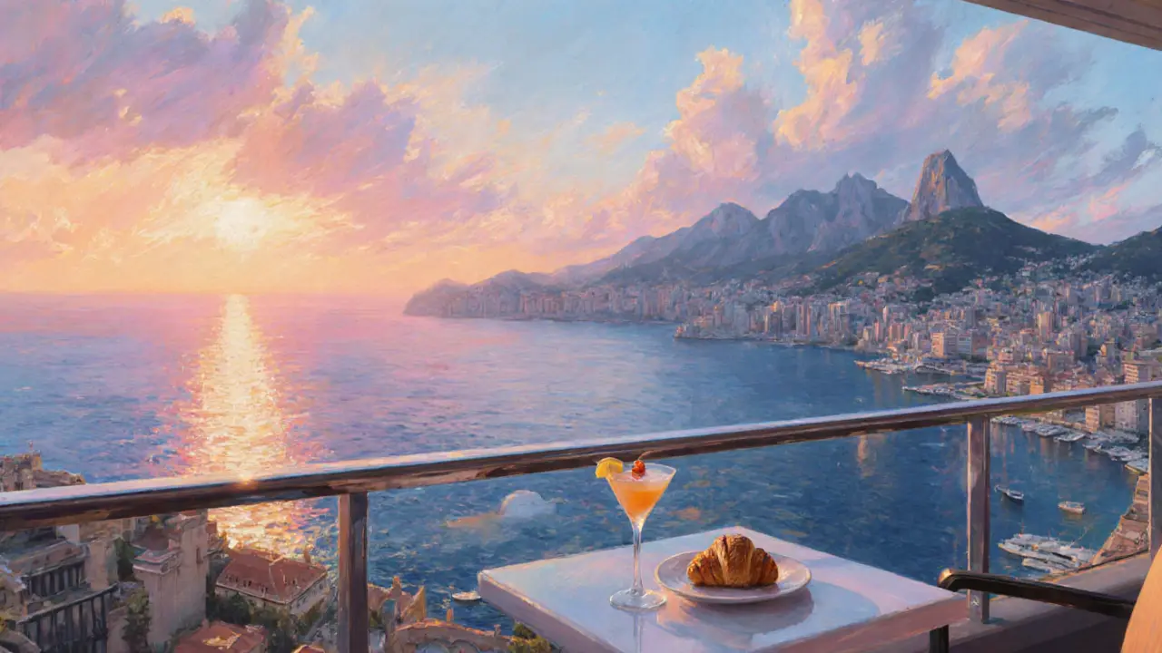 Sunrise on Bar Américain rooftop with skyline and breakfast drink.