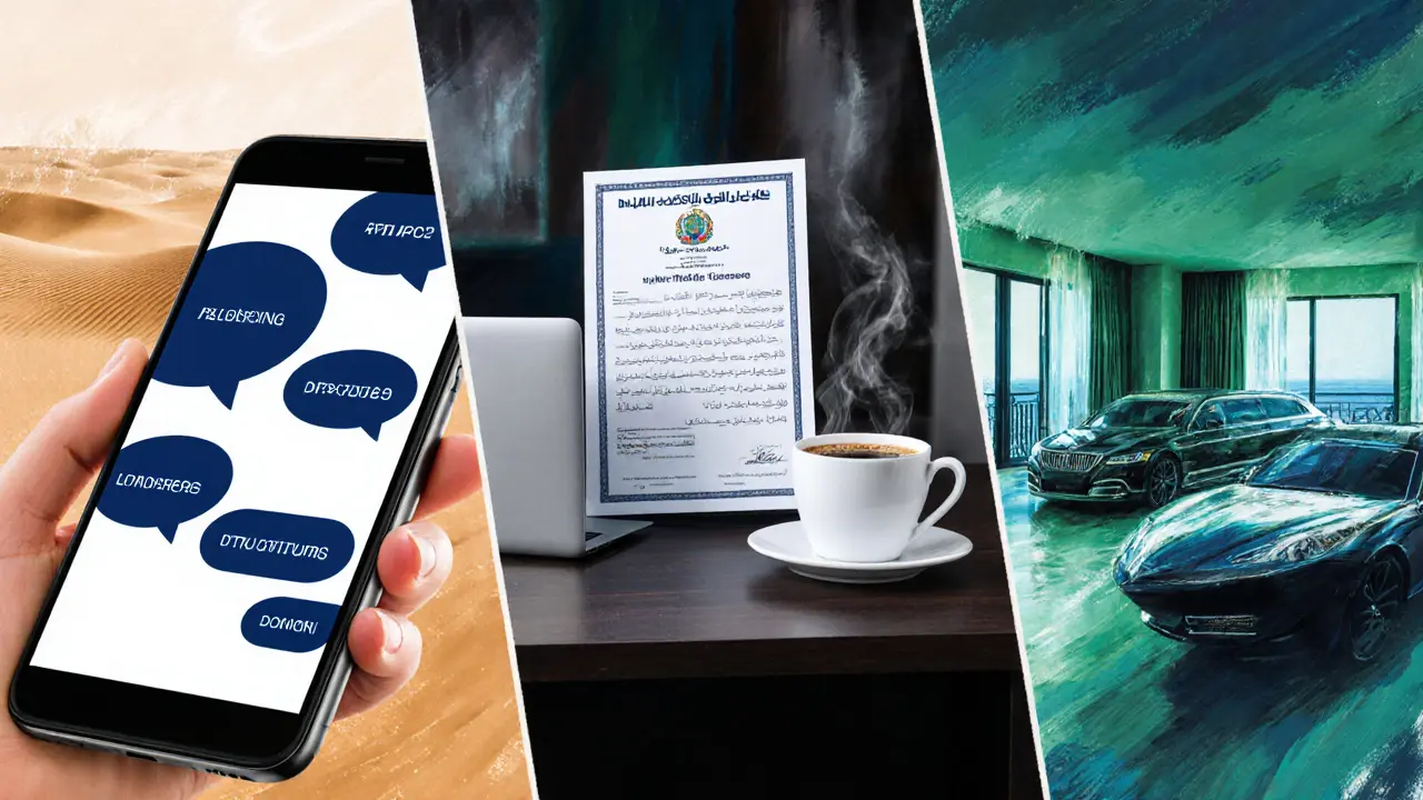 Three-panel artwork showing chat app, agency office documents, and luxury hotel suite.
