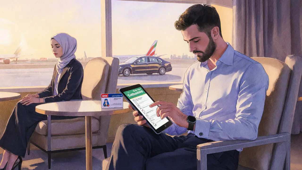 Traveler reviewing a safety checklist beside a modestly dressed companion in a lounge.