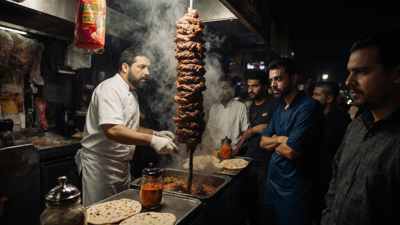 A shawarma stall in Karama at 3 a.m. with chef slicing meat and customers waiting for wraps.