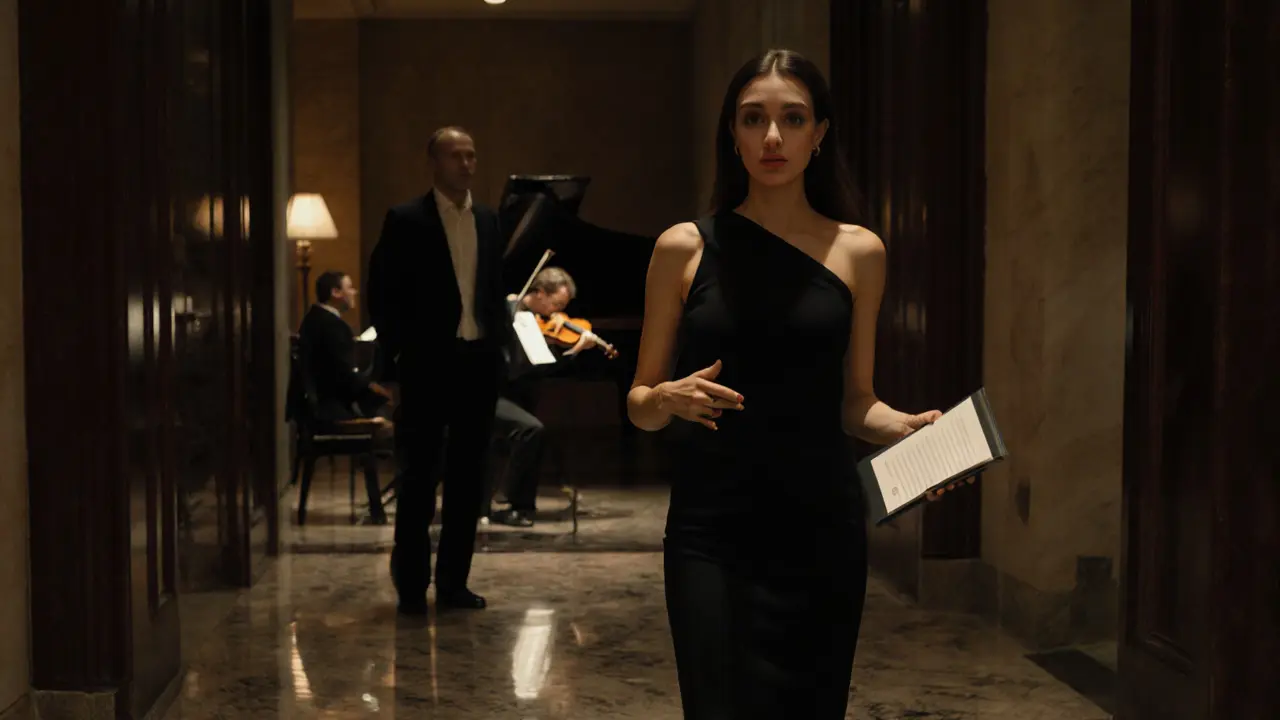 A VIP escort in a black dress guiding a client through the Berlin Philharmonic after hours, both immersed in the music and atmosphere.