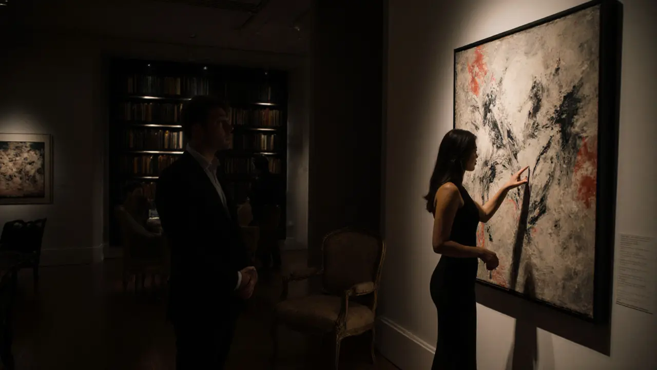 A woman and man viewing art in a private gallery after hours in London.
