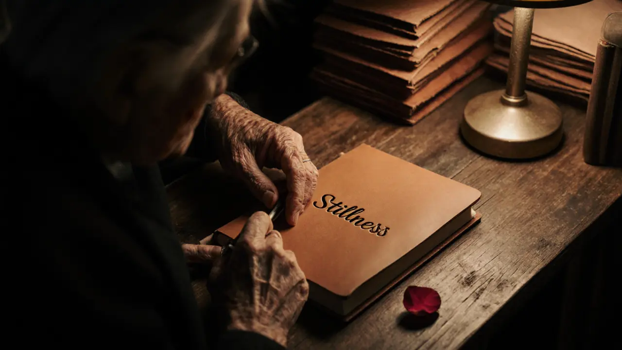 Elderly artisan embossing a leather journal with the word &#039;Stillness&#039; in a warm, quiet workshop.