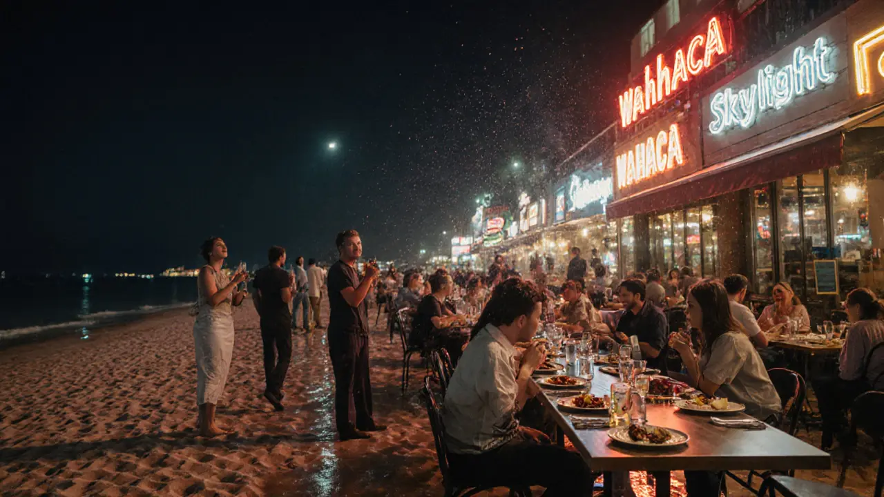 People enjoying tacos and Mediterranean plates at La Mer beachside restaurant under midnight lights.