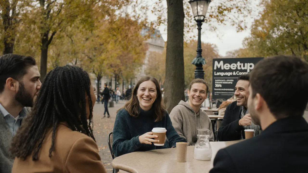 People socializing at a café in Tiergarten park, enjoying conversation and coffee under autumn trees in Berlin.